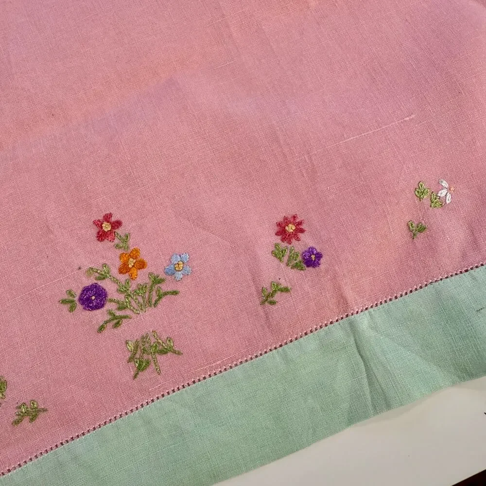 3/$20 VTG Linen Handmade Pink & Green Floral Embroidery Tea Towel READ